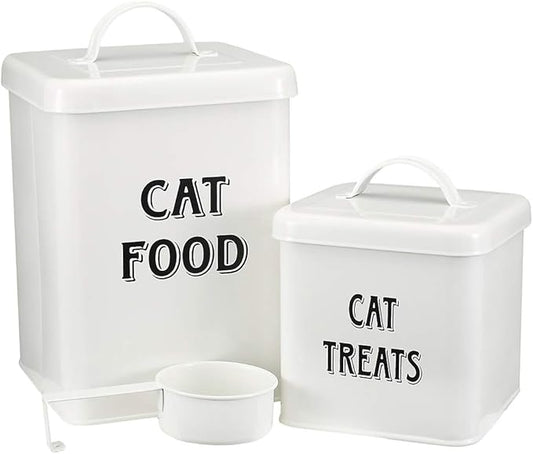 Pethiy Cat Food and Treats Containers Set with Scoop for Cats-Vintage Cream Powder-Coated Carbon Steel-Tight Fitting Lids-Storage Canister Tins-catfood-white