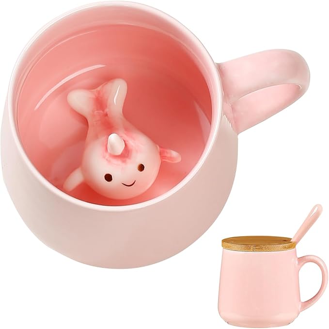 BigNoseDeer Kawaii Pink Unicorn Mug - 3D Narwhal Inside, Ceramic Coffee Mug with Lid & Spoon for Teen Girls & Women, 13.5oz