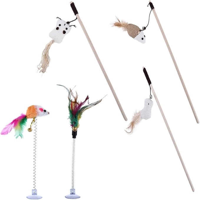 Pokinge 5pcs Simulation Mouse Feather Cat Toys Teaser Stick for Kitten Dogs Playing Interactive Stick with Suction Cup and Bells Scalable Pet Supplies