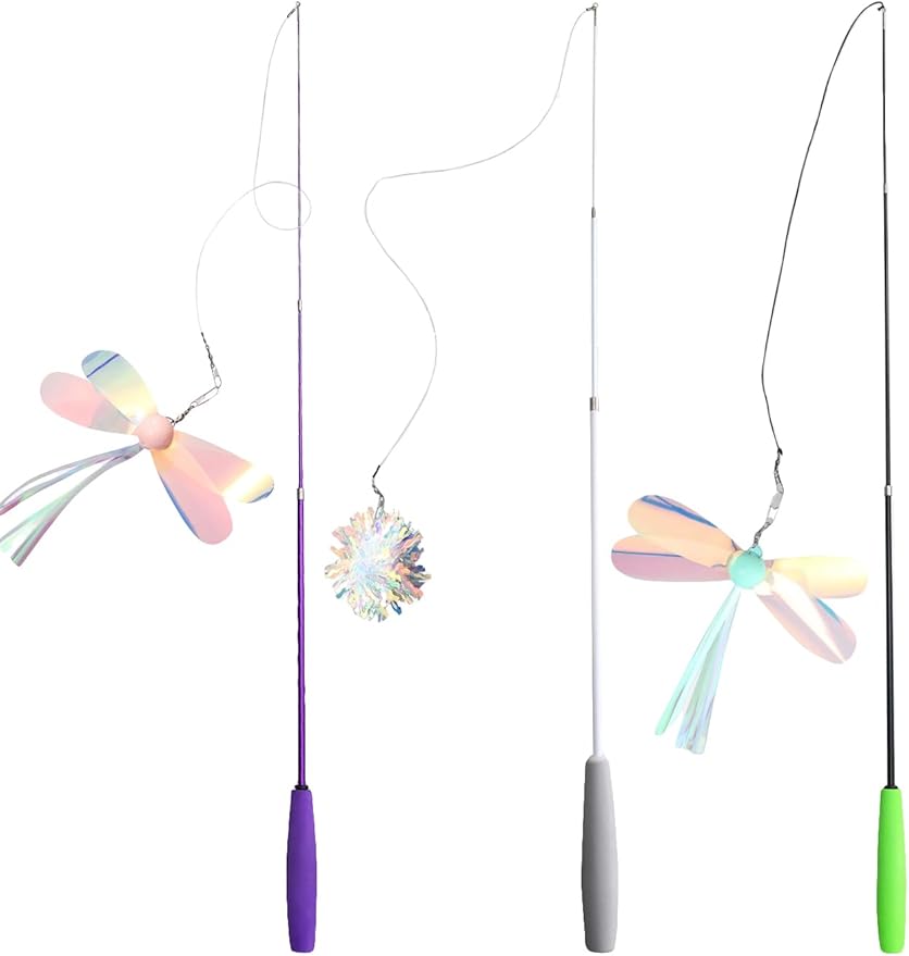 QWINEE 3Pc Dragonfly Cat Teaser Wand Toys Interactive Cat Toy for Indoor Cats Kitty Kitten Multicolor one-Size