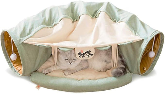 Cat Toys Collapsible Tunnel Bed Cozy Cave, Round Cuddle Snuggery Burrow Pet Litter House Bed Channel Removable Cover for Indoor Rabbits, Kittens and Dogs - Green
