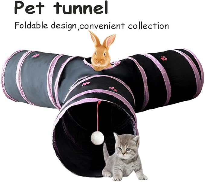 Cat Tunnel Tube Toys, Pink Paw Tunnels for Indoor Cats, 3 Way Collapsible Interactive Toy Maze House with Peek Holes Ball for Rabbit, Kitten, Kitty, Puppy