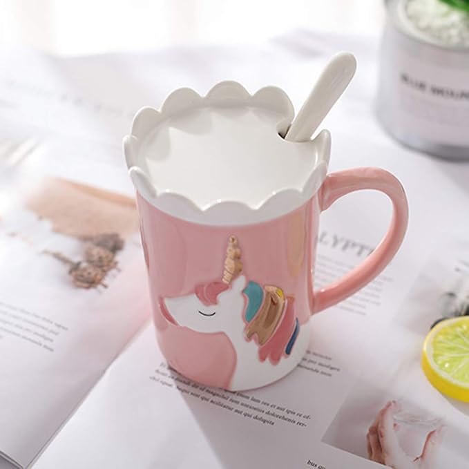 BigNoseDeer Unicorn Mug, Cute Ceramic Coffee Mug with Lid Spoon,Cute Mugs for Coffee Tea Milk,Cut stuff Unicorn Gifts for Girls Cute Gifts for Women (Pink 13oz)