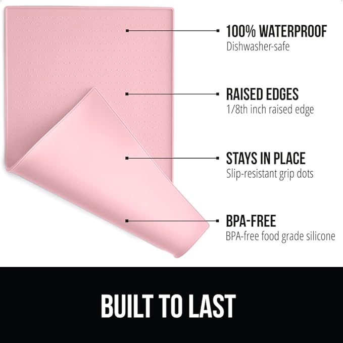 Gorilla Grip 100% Waterproof Raised Edge BPA Free Silicone Pet Feeding Mat, Dog Cat Food Mats Contain Spills Protects Floors, Placemats for Cats and Dogs Water Bowl, Pets Accessories 18.5x11.5 Pink