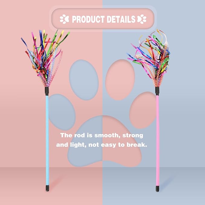 Cat Toy Wand 2PCS Interactive Cat Feather Toy Cat Teaser with Sound Paper Tassels and Soft Line Tube(Pink+Blue)