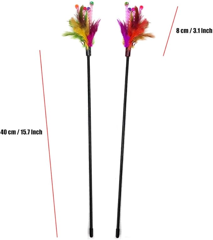 IUHKBH Cat Wand Toys, 4 PCS Interactive Cat Teaser Wand Cat Feather Toys with Color Vary Feather and Bells - 20" Long Wand for Cat and Kitten