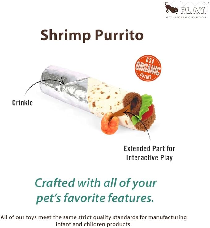 P.L.A.Y. Cute Cat Toys - Feline Frenzy Interactive Kicker Toy, Burrito Food Themed Catnip Filled Toy, Great for Adult Cats and Kittens - Double Stitched, Recycled Materials, Crinkles (Shrimp Purrito)