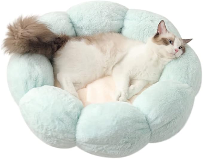 Soft Plush 21" Cute and Cozy Flower Dog Cat Bed with Non-Slip Bottom Luxury Orthopedic Cushion Beds for Indoor Kitty or Puppy, Warmth and Machine Washable (Small, Green)