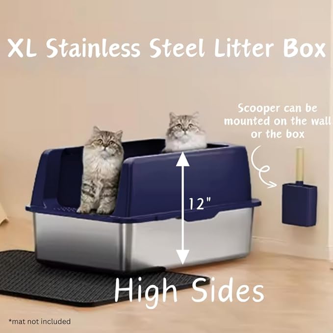 2 Pack - Stainless Steel X-Large Semi-Enclosed Litter Box kit for Multiple Cats, Matching Scooper and Holder Included, High-Sided, Easy to Clean (Navy Blue)