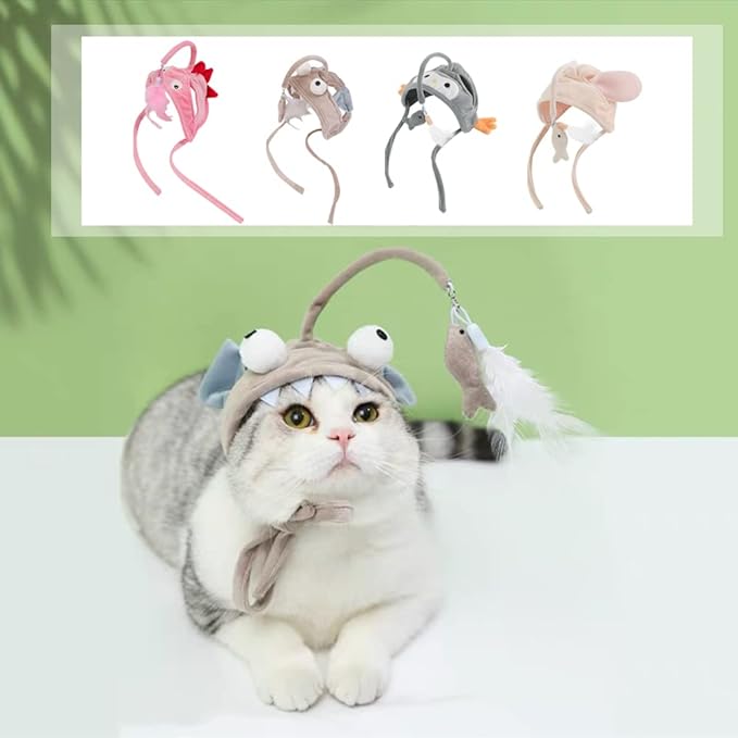 Head Mounted Cat Headgear Self Service Cat hat Feather Toy Cat Toys Interactive Cat Toys cat Head Adjustable Size (Grey Bigeye Fish)