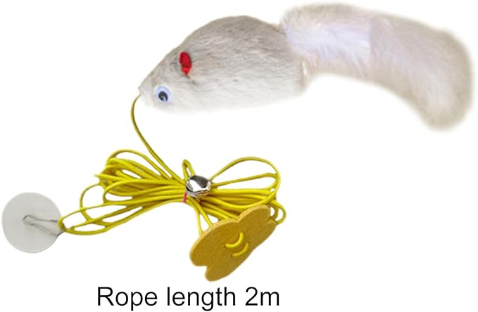 Gray Interactive Cat Toy, Hanging Self-Play Little Mouse Shaped Toys Cat Toy, Built-in Sound, Relieve Boredom, Hanging Squeak Mouse Stretchy Feather Plush Cat Toy with Adhesive Hooks