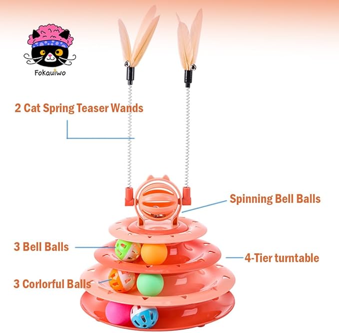 Kitten Toys, Interactive Cat Toys for Indoor Cats, Cat Puzzle Toy, Kitty Toys,cat Toys for Bored Indoor Adult Cats, Cat Ball Toy, Cat Tower with 2 Cat Teasers (Orange)