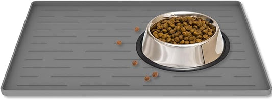 Dog Food Mat, Silicone Dog and Cat Mat for Food and Water Bowls, Waterproof Raised Edge Pet Feeding Mat for Contain Spills Protects Floors, Multiple Colors & Sizes for Pets (16"x10", Light Gray)