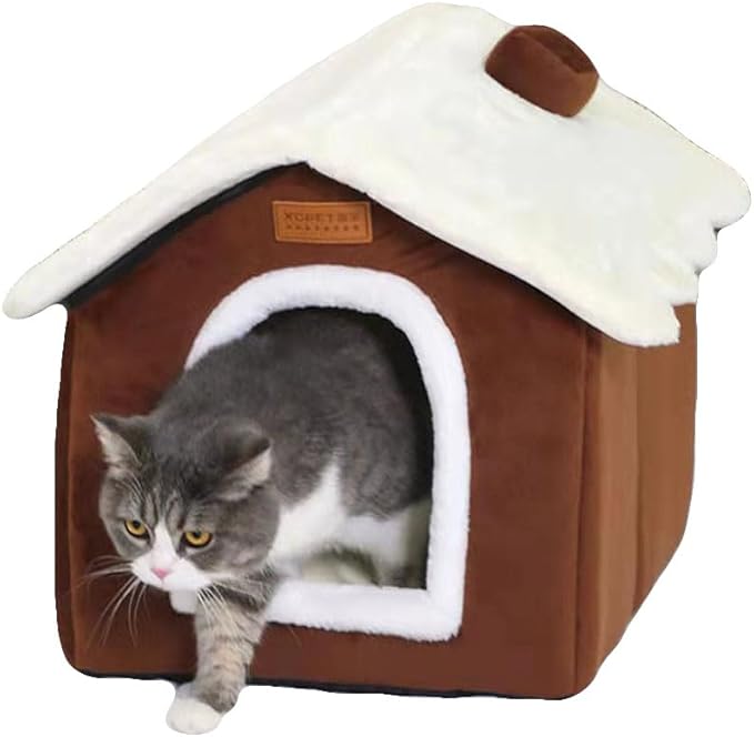 Christmas Cat Bed for Indoor Cats Plaid Christmas Cat Tent Cat Bed Cave for Pets Cats and Dogs (Coffee-S(15.7 X 12.6 X 13.8 Inch))