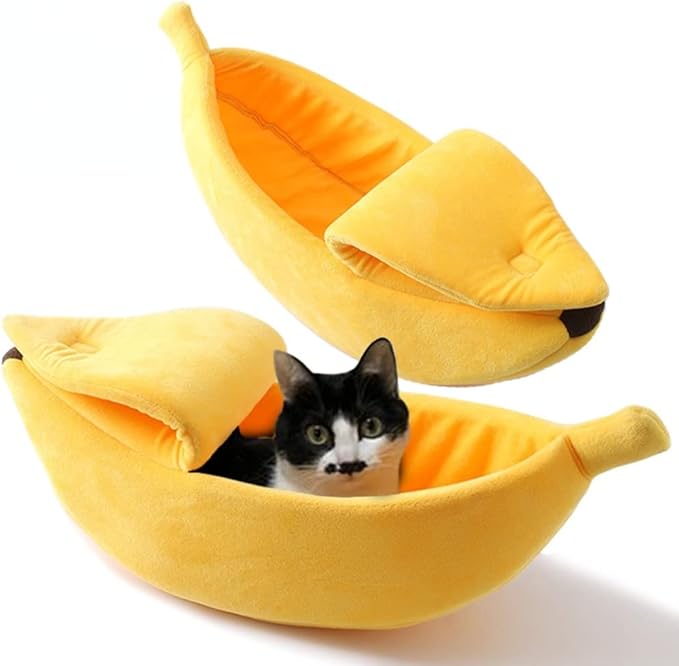 Cute Banana Beds for Cat Pet Sofa Bed Cave Couch Shape Houseboat Cat Cage Accessories Toys Breathable Universal in All Seasons Small Animals Mat (XL 32.3 Inch, Yellow)