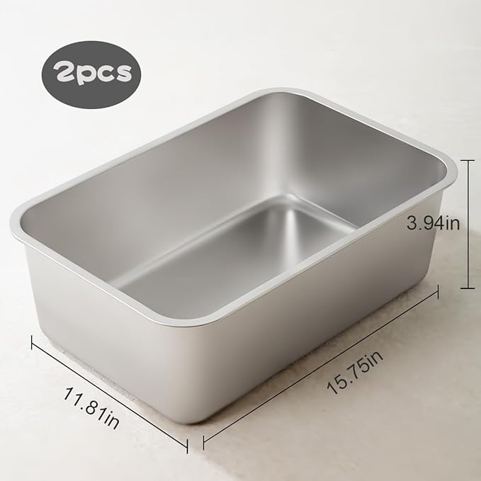 2Pcs Stainless Steel Litter Box For Cats, Metal Cat Litter Box, Stainless Steel Open Cat Litter Pan, Never Absorb Odor Stains,rustproof, Easy Cleaning Litter Pan For Cat, Dog & Rabbit long-lasting Pan
