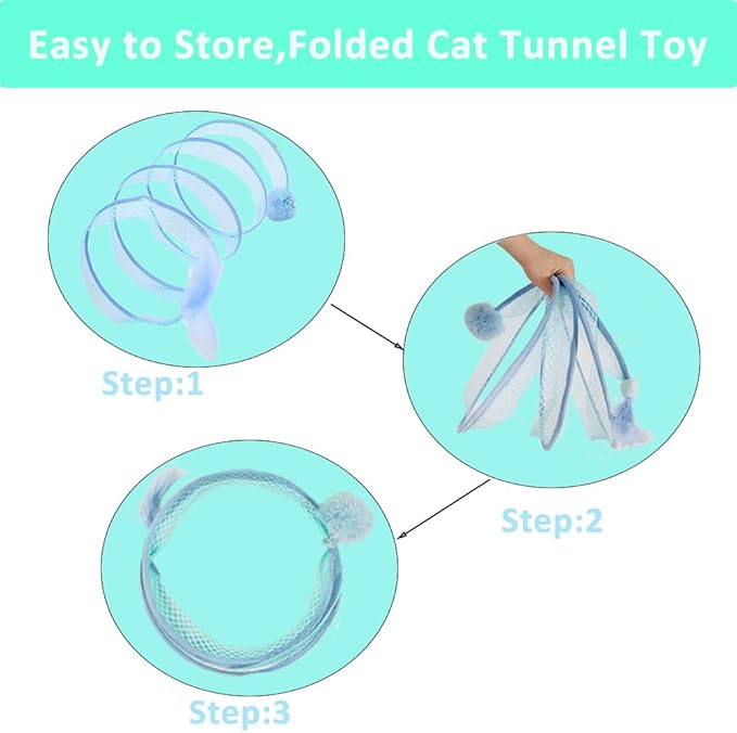 Cat Tunnel Toy S-Shape Folded Cat Tunnel Spring Toys, Cat Spring Toy Cat Spiral Tunnel Toy for Indoor Cats Play Exercise for Puppy, Kitty, Kitten, Rabbit (Blue)