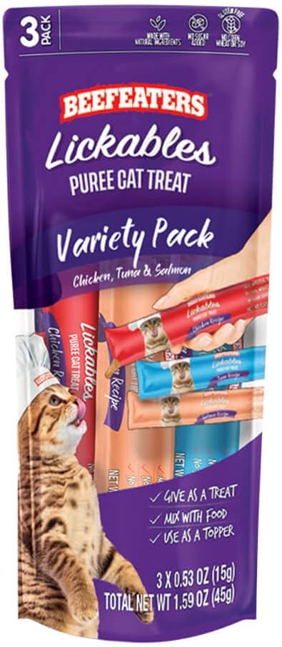 Beefeaters Cat Treats - Variety Pack Lickable Puree 1.59oz, Case of 12 | Cat Food Salmon, Tuna, Chicken | Grain-Free, Taurine-Enriched | Training Treats - Interactive Feeding | Wet/Dry Food