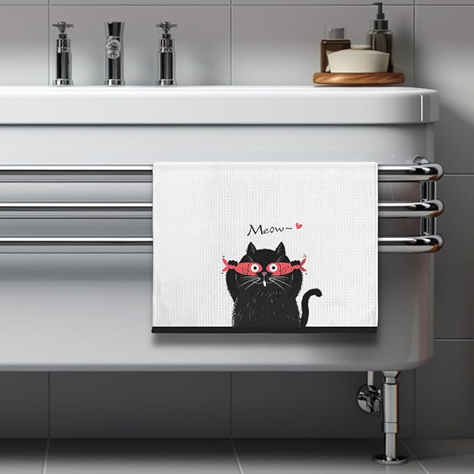 Fun Kitchen Towels,Cat Kitchen Towels,Cat Dish Towels,Cat Towels,Cat Hand Towel,Decorative Towels for Bathroom,Black Cat Gifts,Cat Kitchen Accessories,Black Cat Decor,Black Cat Gifts for Women