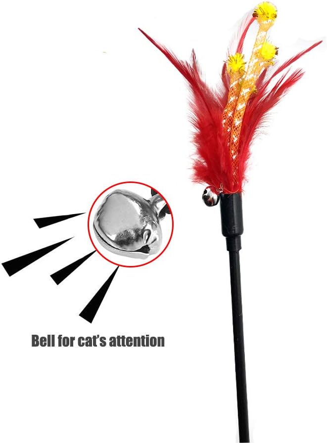 IUHKBH Cat Wand Toys, 4 PCS Interactive Cat Teaser Wand Cat Feather Toys with Color Vary Feather and Bells - 20" Long Wand for Cat and Kitten