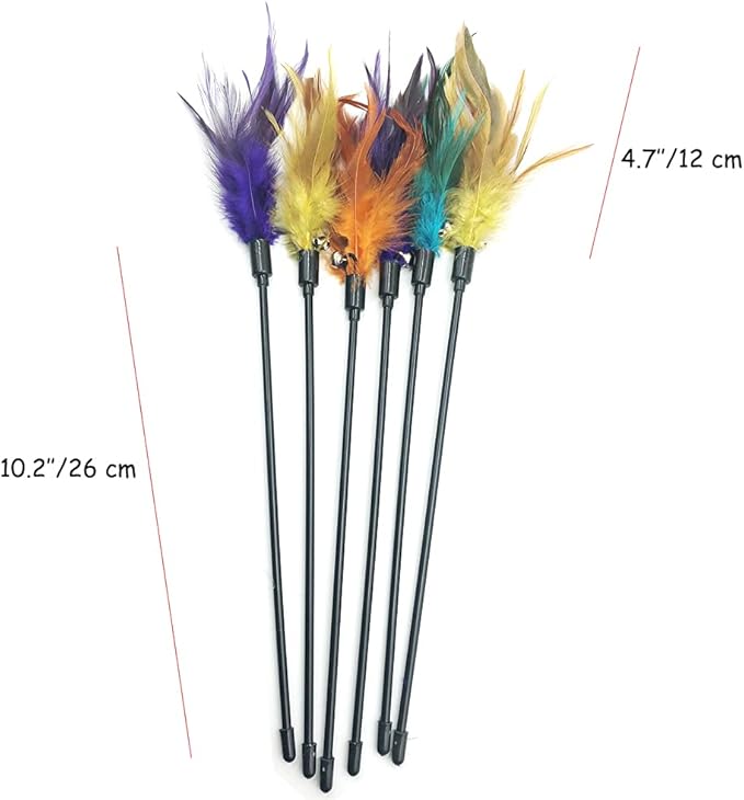 IUHKBH Cat Wand Toys, 6 PCS Interactive Cat Teaser Wand Cat Feather Toys with Bell for Indoor Cats, Kitties
