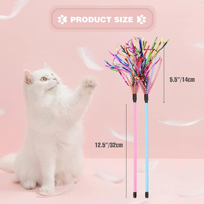 Cat Toy Wand 2PCS Interactive Cat Feather Toy Cat Teaser with Sound Paper Tassels and Soft Line Tube(Pink+Blue)