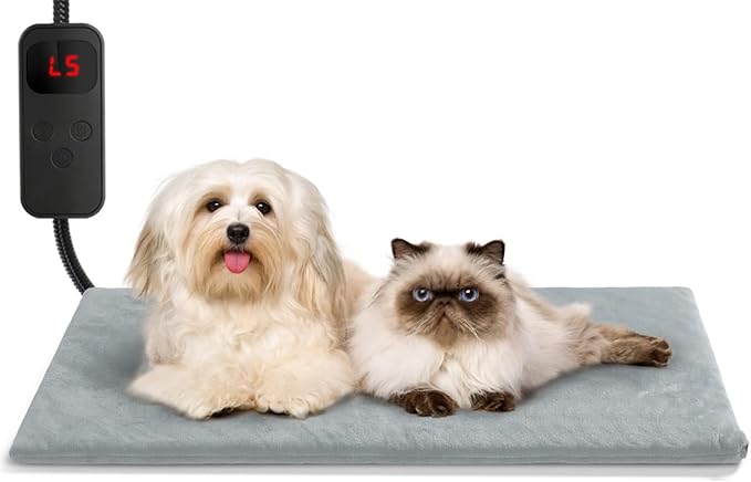 Pet Heating Pad for Cat Dog,Extremely Waterproof Heated Cat Bed Outdoor&Indoor,Adjustable Heated Dog Blanket Mat with 6 Temperature&5 Timers Set,Pet Heater Warmer(Grey,L-28 Lx16 W)