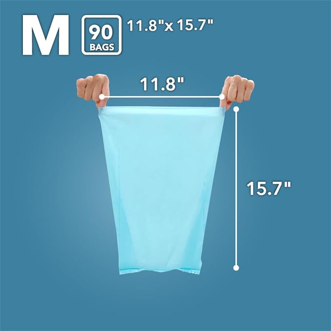 BOS Amazing Odor Sealing Cat Waste Disposal Bags - Durable and Unscented [Size: M, Color: Light blue] (90 count, Pack of 2) (180bags)★Brand-new packaging design!! NOT a litter box liner