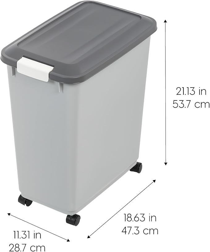 IRIS USA Dog Food Storage Container with Wheels, Airtight Lid, 2-Cup Scoop, Up to 40 Pounds Pet Food Storage, Built in Scoop Storage in Lid, Versatile Pet Food Bin, Portable, BPA Free, Gray/Dark Gray