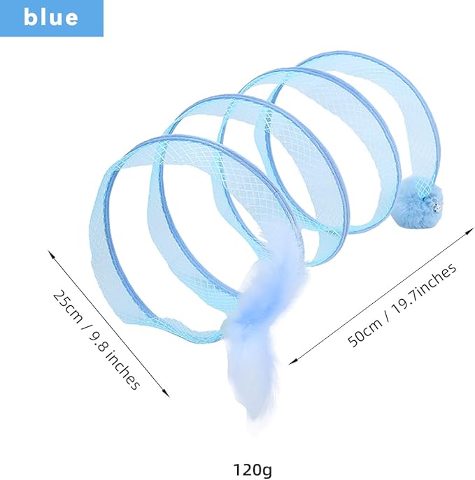 Folded Cat Tunnel, Cat Tunnel for Indoor Cats, Collapsible Cat Tunnel with Feather and Bell, Folded Cat Tubes, Cat Spring Toys for Rabbits and Cats, Portable Pet Toy (Blue)