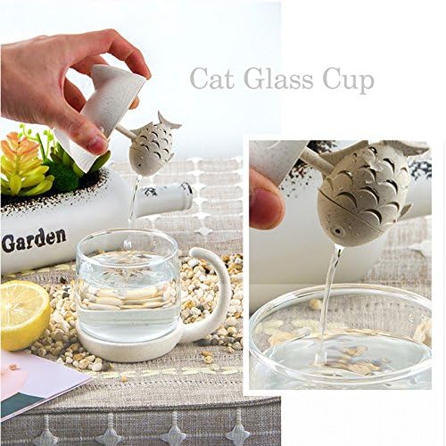 BigNoseDeer Cat Tea Cup Cute Mug Glass Pot with Fish Infuser for Loose Leaf Tea (White 8oz)