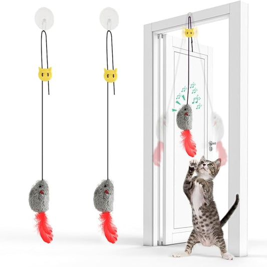 FYNIGO Self Play Cat Toys,2 Pack Door Hanging Cat Mouse Toy with Squeaky Sound,No Batteries Required,Interactive Cat Enrichment Toys for Bored Indoor Adult Cats,Cat Boredom Toys Mice with Feather Tail