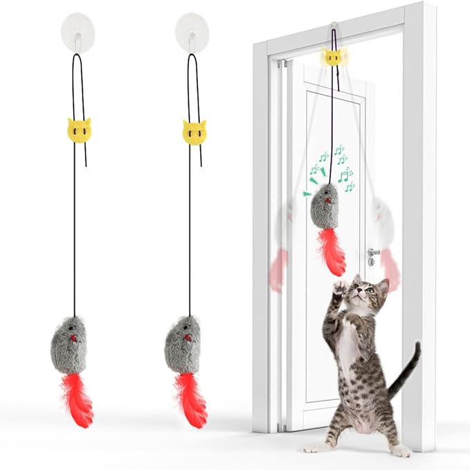 FYNIGO Self Play Cat Toys,2 Pack Door Hanging Cat Mouse Toy with Squeaky Sound,No Batteries Required,Interactive Cat Enrichment Toys for Bored Indoor Adult Cats,Cat Boredom Toys Mice with Feather Tail