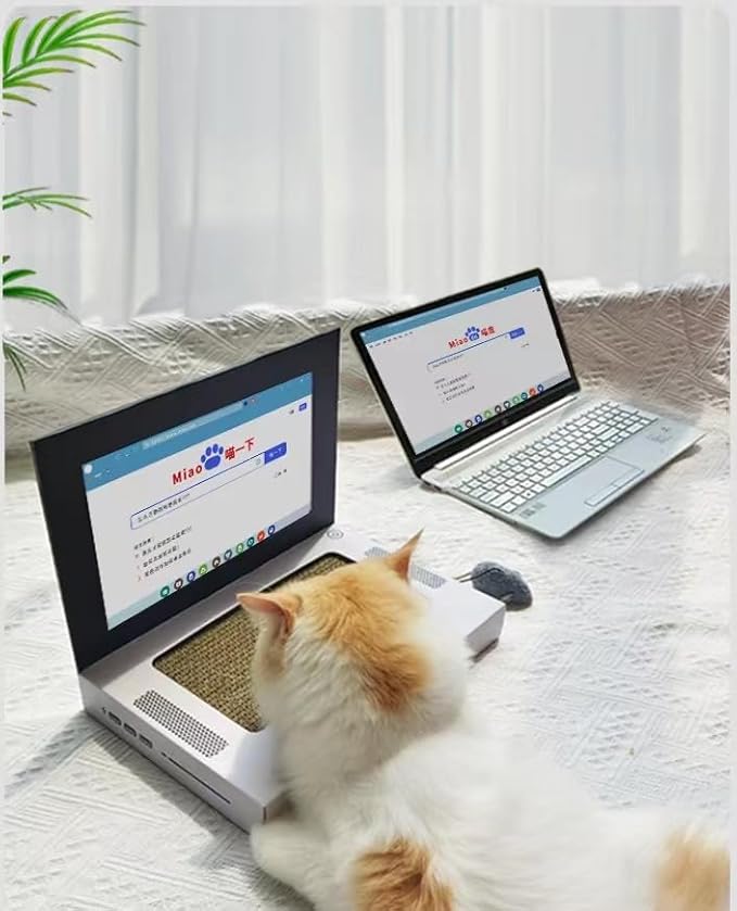 Cardboard Cat Scratcher,Laptop Scratcher Cat Toy with Interactive Mouse Cat Teaser,Laptop Cat Toy,Foldable Corrugated Cardboard Cat Scratching Board