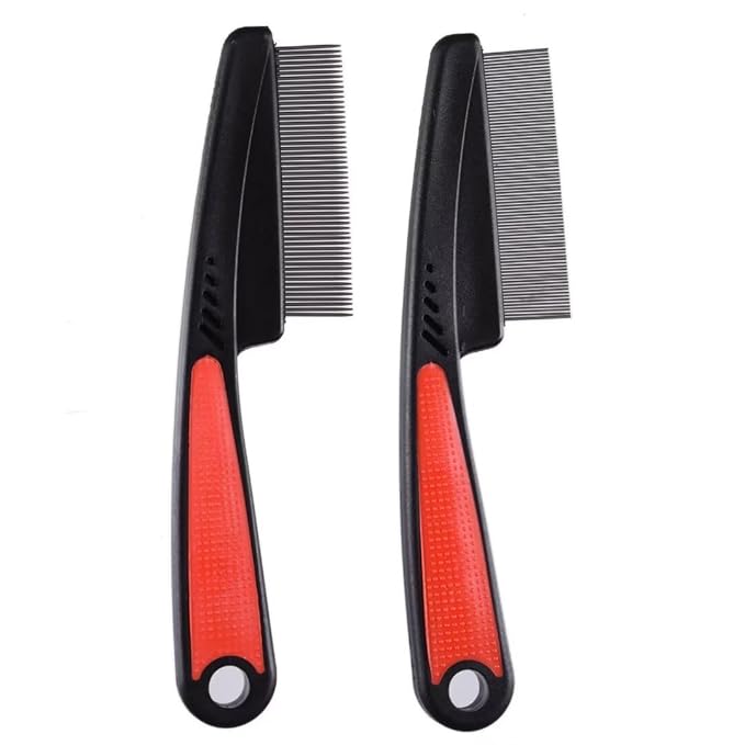 2 Pieces Fine Tooth and Wide Tooth Dog Grooming Comb - Rubber Handle Hair Comb for Small Dogs & Cats with Flea and Tick Removal (2PCS, Black Red)