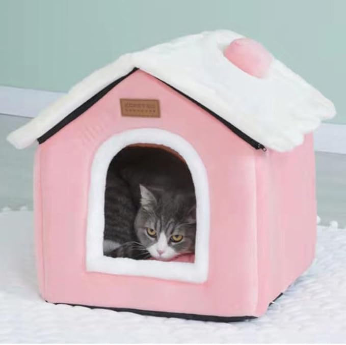 Christmas Cat Bed for Indoor Cats Plaid Christmas Cat Tent Cat Bed Cave for Pets Cats and Dogs (Pink-S(15.7 X 12.6 X 13.8 Inch))