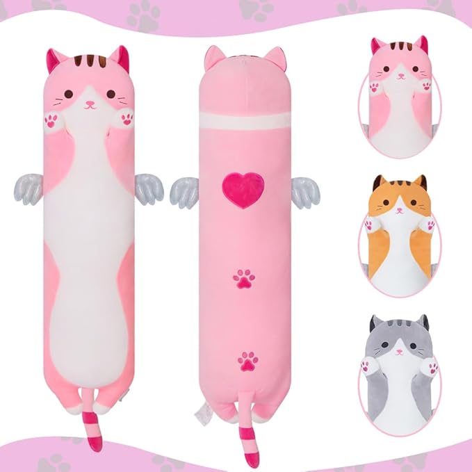 Cute Cat Plush Pillow, Pink Long Cat Stuffed Animals Soft Long Kitten Plushies Kawaii Cat Stuffed Plush Toy for Kids Girlfriend(50cm/19.6inch)