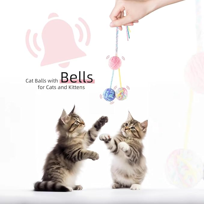 TUSATIY 9PCS Cat Ball Toy, Multi-Colored Cat Fuzzy Balls & Woolen Yarn Cat Toy Balls with Bell Inside, Soft Interactive Cat Toys for Indoor Cats Self Play