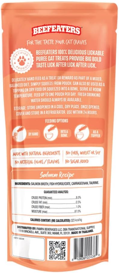 Beefeaters Cat Treats - Salmon Recipe Lickable Puree 1.59oz, Case of 12 | Real Cat Food Salmon Treat | No Corn/Soy/Wheat, Sugar-Free | Training Treats