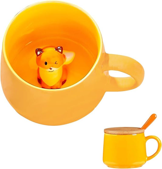 BigNoseDeer Kawaii Fox Mug Cute Mugs with 3D Fox Inside Ceramic Coffee Mug with Lid and Spoon Cute Stuff Birthday Gifts Cute Gifts For Women 13.5oz