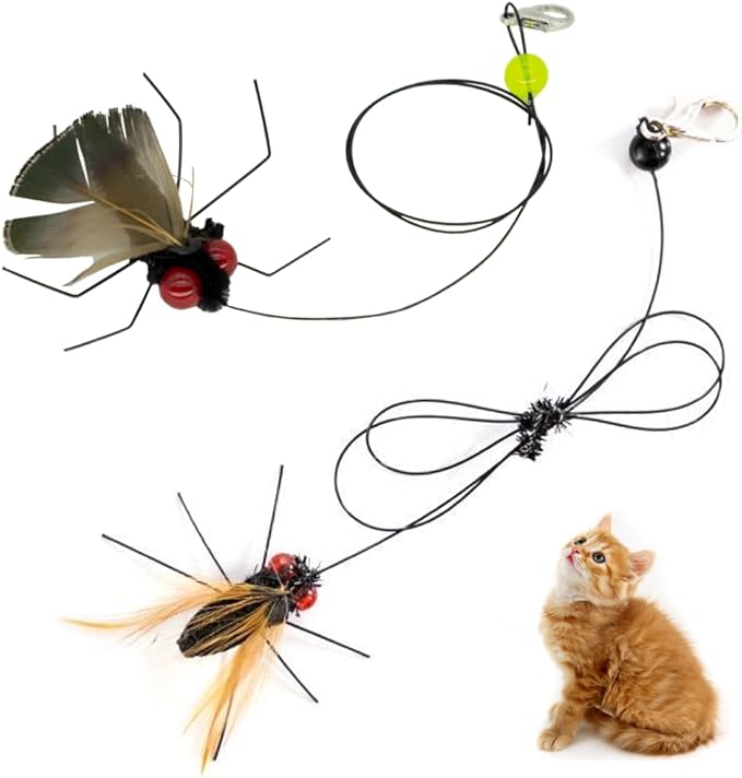 Cat Insect Feather Toys Replacement - 2 Pcs Handmade Natural Flies - Cat Toy Wand Refills - Interactive Kitten Teaser Wand Attachments - Cat Toys for Indoor Cats Play