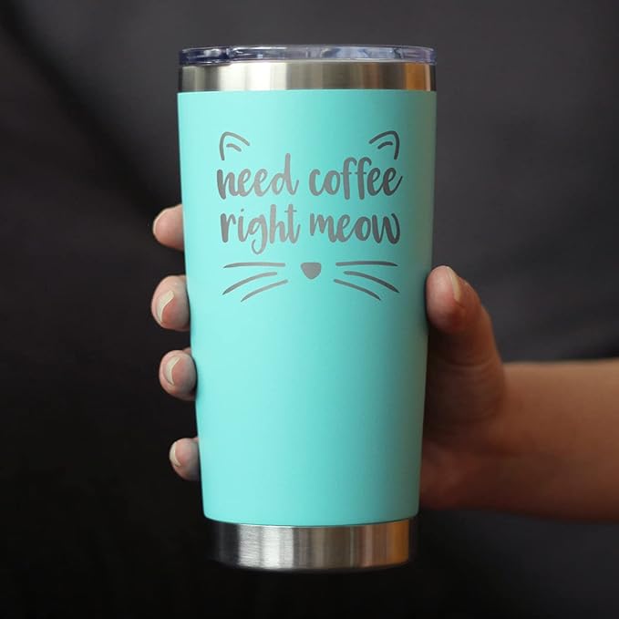 Bevvee Need Coffee Right Meow - Insulated Coffee Tumbler Cup with Sliding Lid - Stainless Steel Insulated Mug - Cat Themed Coffee Gifts - Teal