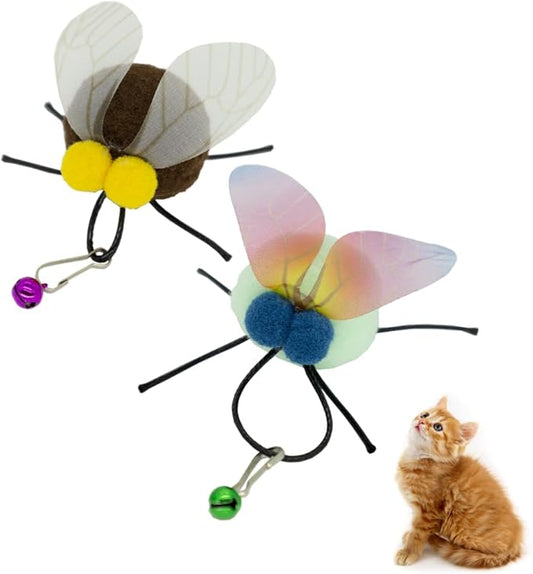 Cat Insect Feather Toys Replacement - 2 Pcs Handmade Natural Fat Flies - Cat Toy Wand Refills - Interactive Kitten Teaser Wand Attachments - Cat Toys for Indoor Cats Play