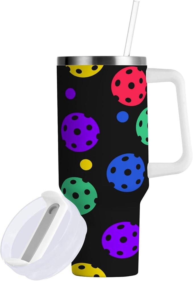 Boccsty Rainbow Pickleball Balls Insulated Tumblers Reusable Stainless Steel Tumbler 30 oz Cup Coffee Travel Mug Water Bottle with Handle & Flip Straw for Home Office Car