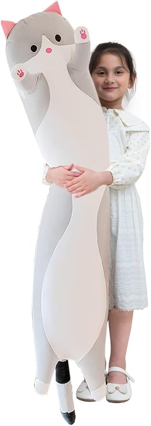 Giant Cat Pillow Plush Cartoon Kitty Sleeping Hugging Pillow, Cuddly Soft Long Kitten Body Pillow Doll Cat Cushion Toy for Kids Girlfriend (Gray, 50cm/19.68inch)