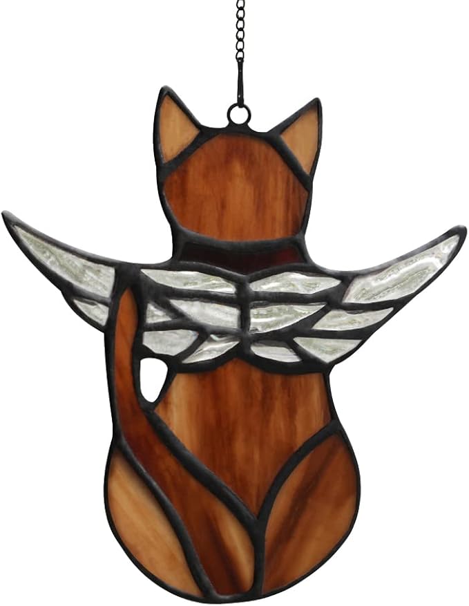 BOXCASA Angel Cat Memorial Gift Stained Glass,Angel Wings Cat Stained Glass Window Hanging,Cat Sympathy Gifts for Cat Lovers,Loss of Cat Sympathy Gift,Pet Memorial Gifts Cat Gift for Women