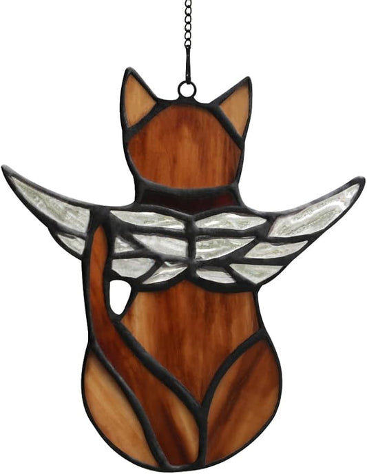BOXCASA Angel Cat Memorial Gift Stained Glass,Angel Wings Cat Stained Glass Window Hanging,Cat Sympathy Gifts for Cat Lovers,Loss of Cat Sympathy Gift,Pet Memorial Gifts Cat Gift for Women