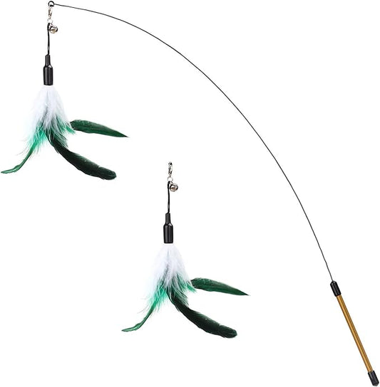 Pawaboo Feather Teaser Cat Toy, Interactive Feather Wand Cat Toy Flying Feather Cat Catcher with Extra Long 34.5" Wand and Small Bell, Fun Exerciser Playing Toy for Kitten or cat, White & Green