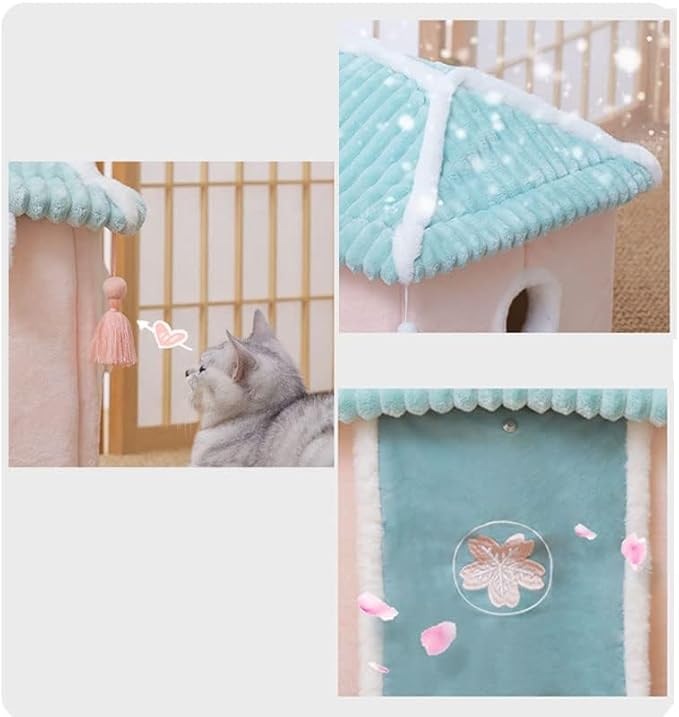 Cute Cat House,Pink Cat House with Rolled Door Curtain,Closed Cat Cave/Dog House, Washable Cat Bed,Cozy Dog Tent (Pink House)