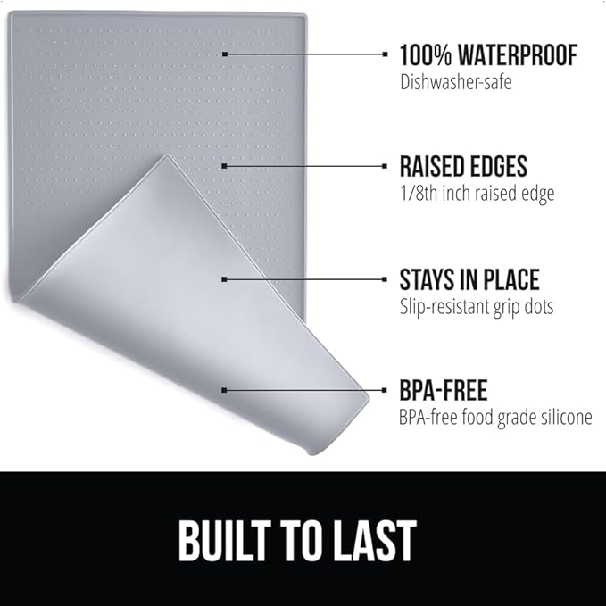 GORILLA GRIP 100% Waterproof Raised Edge BPA Free Silicone Pet Feeding Mat, Dog Cat Food Mats Contain Spills Protects Floors, Placemats for Cats, Dogs Water Bowl, Pets Accessories 32x24 Light Gray